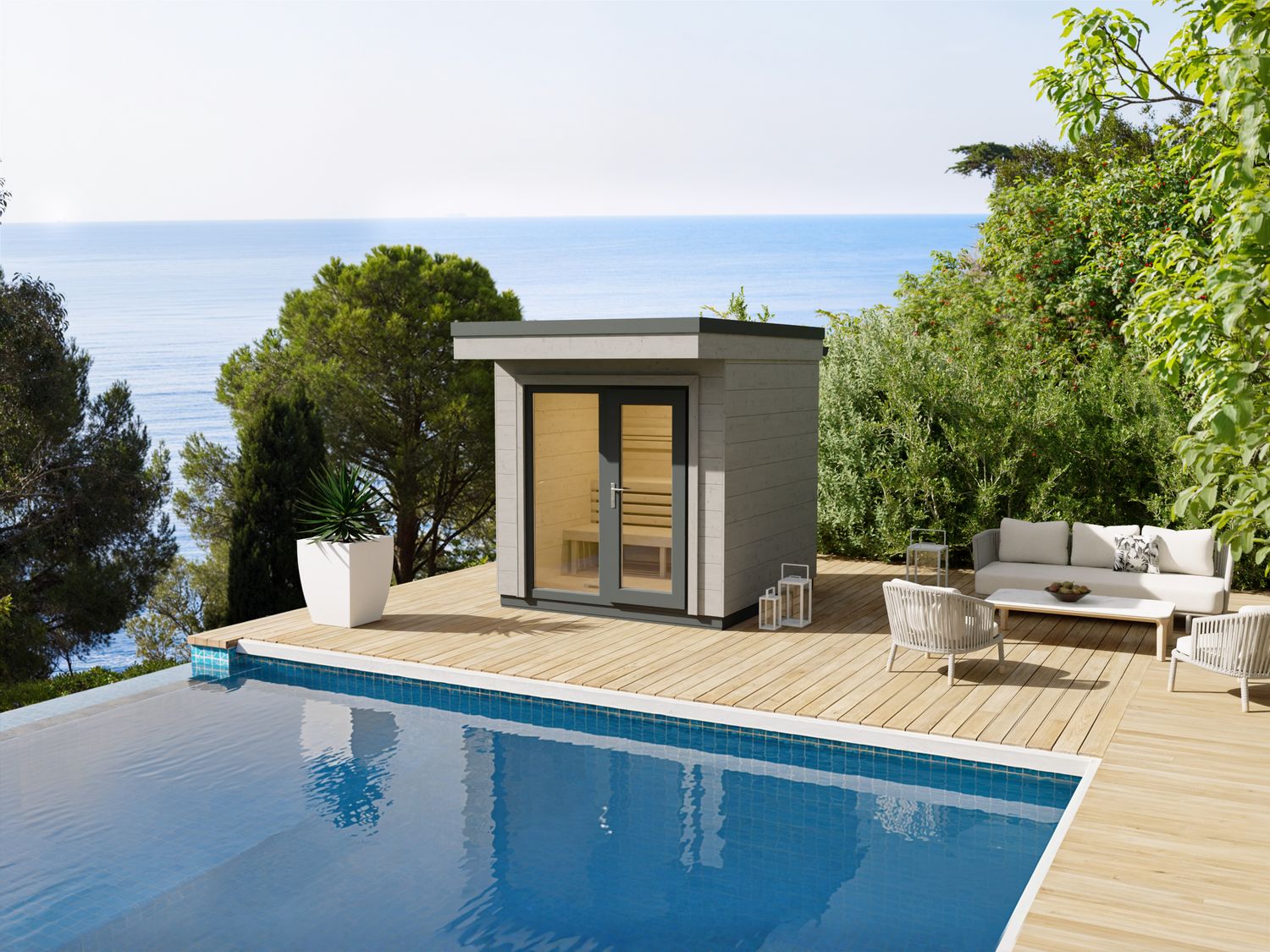 Quadratische Panorama-Gartensauna 236×236 cm – Heirloom Saunahaus mit großem Glasfenster, montagefertig ab Werk