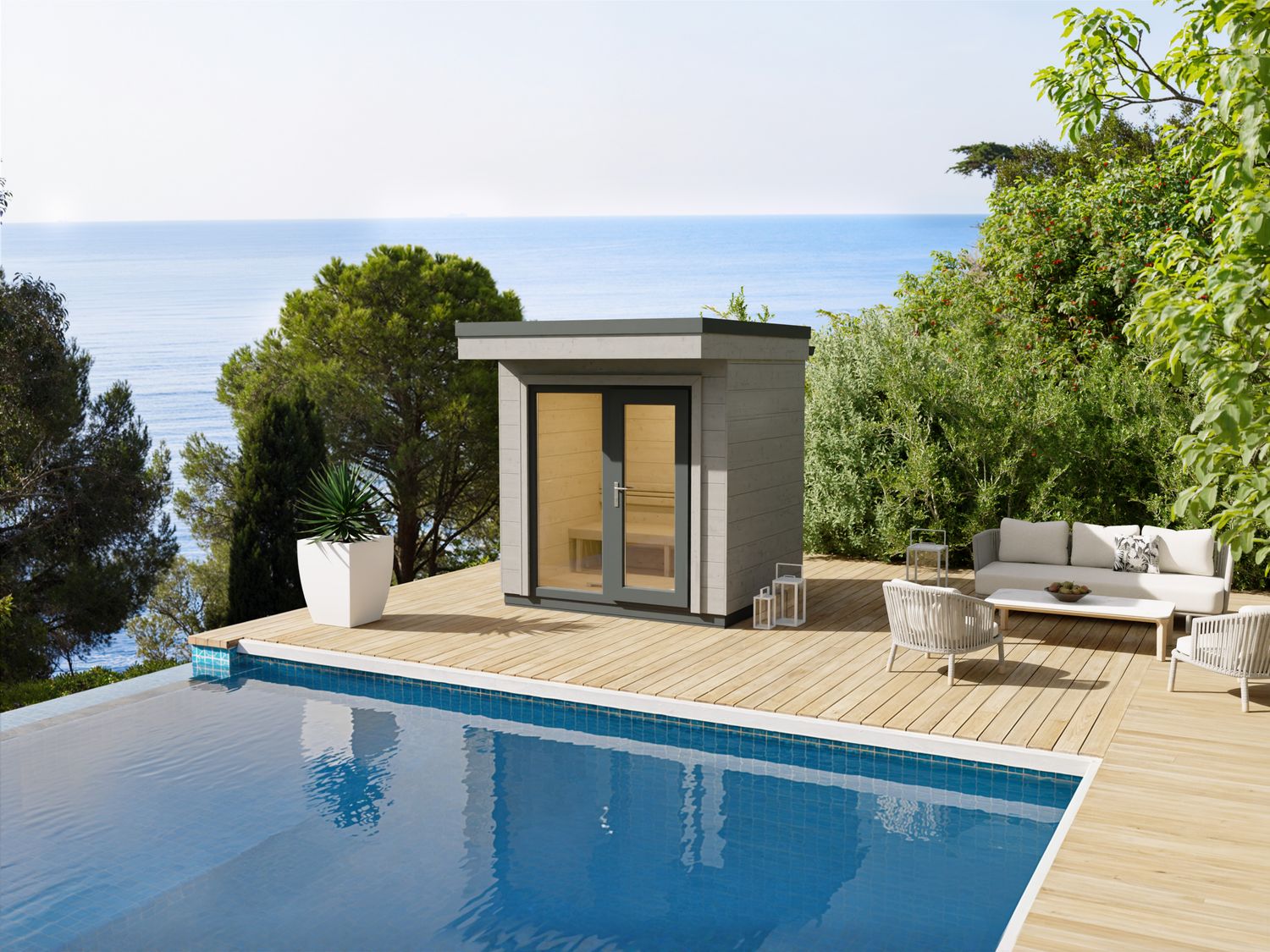 Vormontiertes Heirloom Saunahaus 236×190 cm mit Panoramascheibe – Gartensauna in kubischer Holzbauweise.