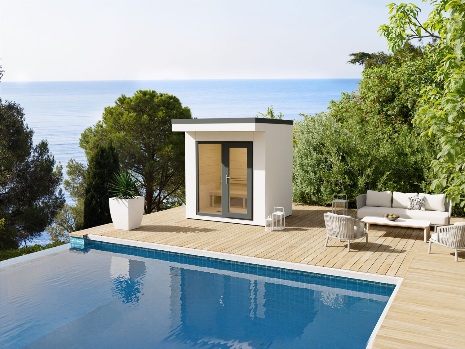 Helle Leichtigkeit für den Garten – die Heirloom-Sauna 236×190 mit weißer Fassade schafft eine zeitlose Oase für ruhige Saunastunden.