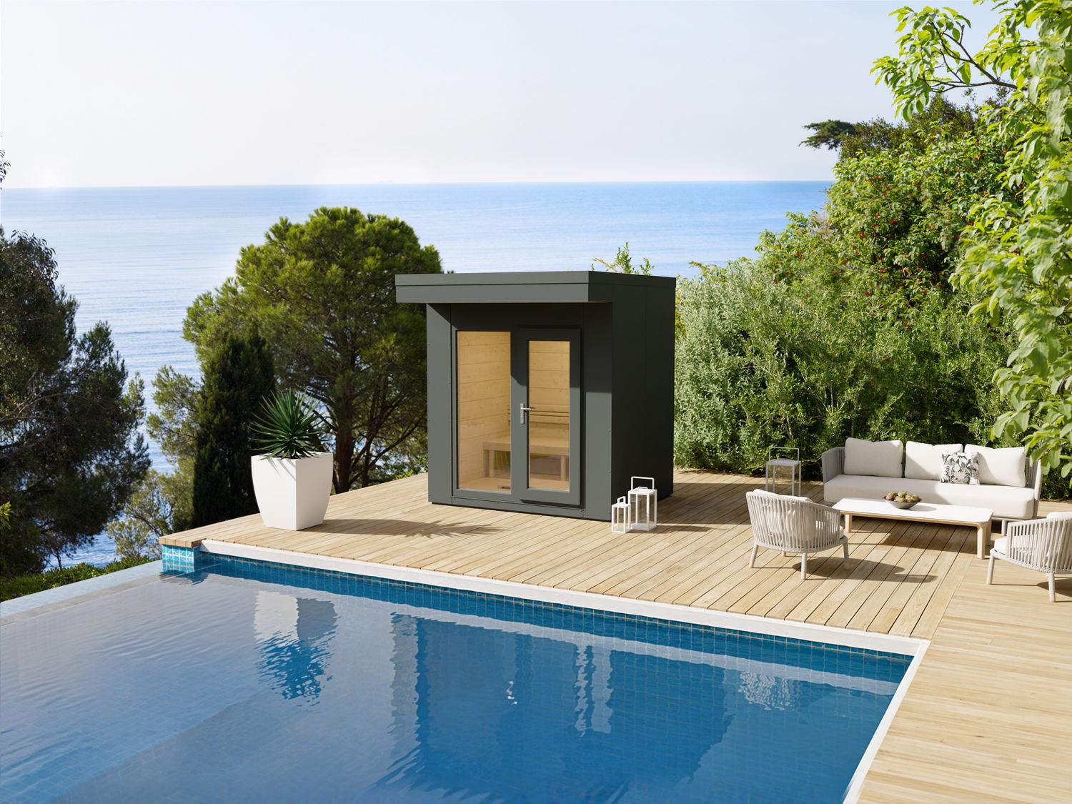 Geradlinig, stilvoll, entspannend – die Heirloom Gartensauna 236×190 in tiefem Anthrazit wird zum architektonischen Ruhepol im Grünen.