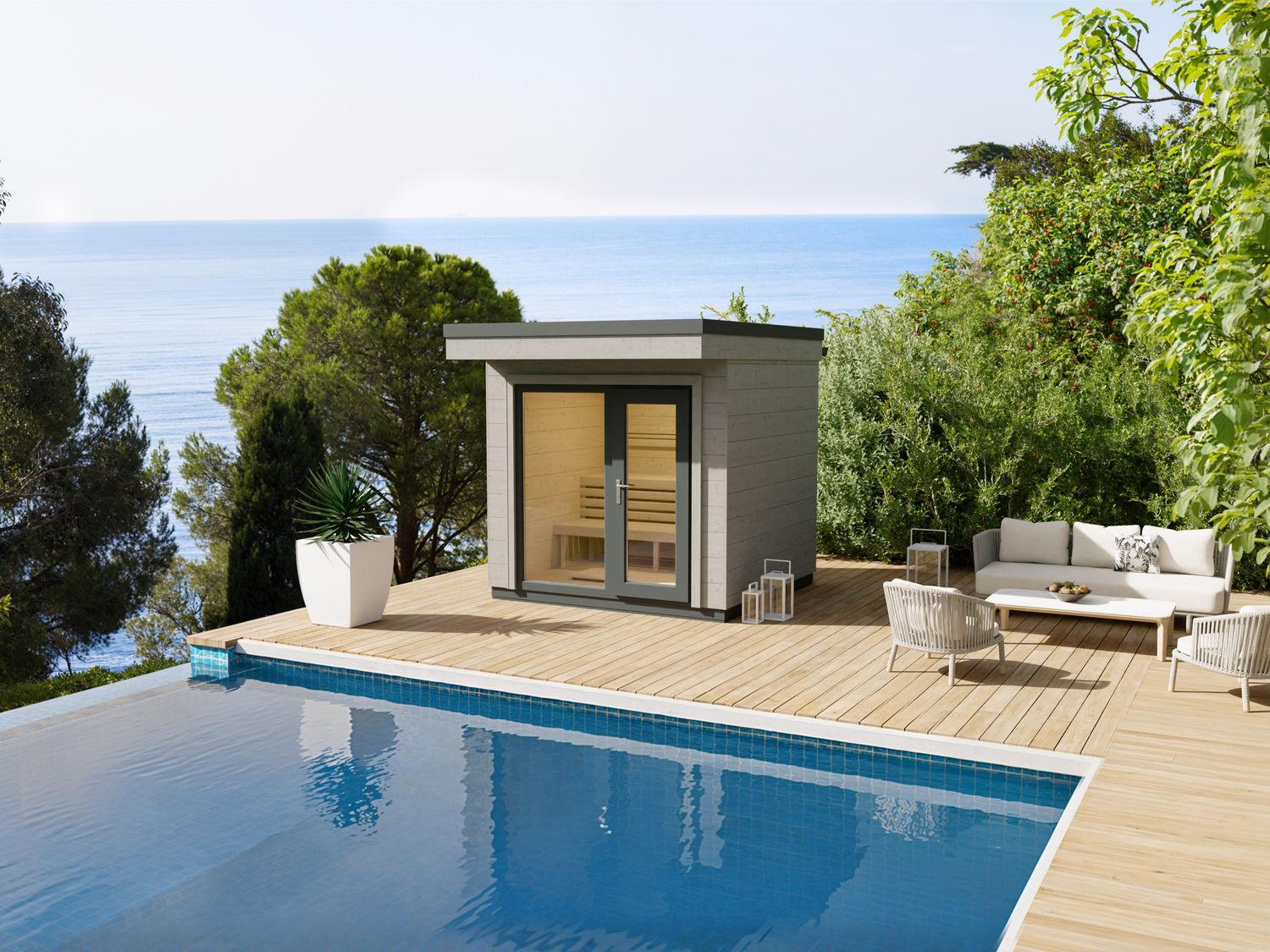 Heirloom Panorama-Gartensauna 256×236 cm – modernes Saunahaus aus Holz mit breiter Glasfront, vormontiert.