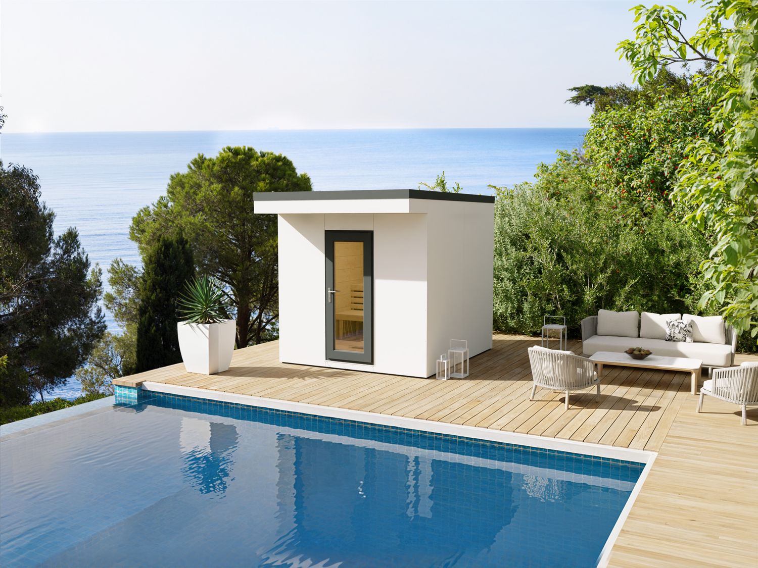 Weitläufiger Rückzugsort in hellen Tönen – die Heirloom 250×280 in Weiß bringt Wellness-Flair in den eigenen Garten.