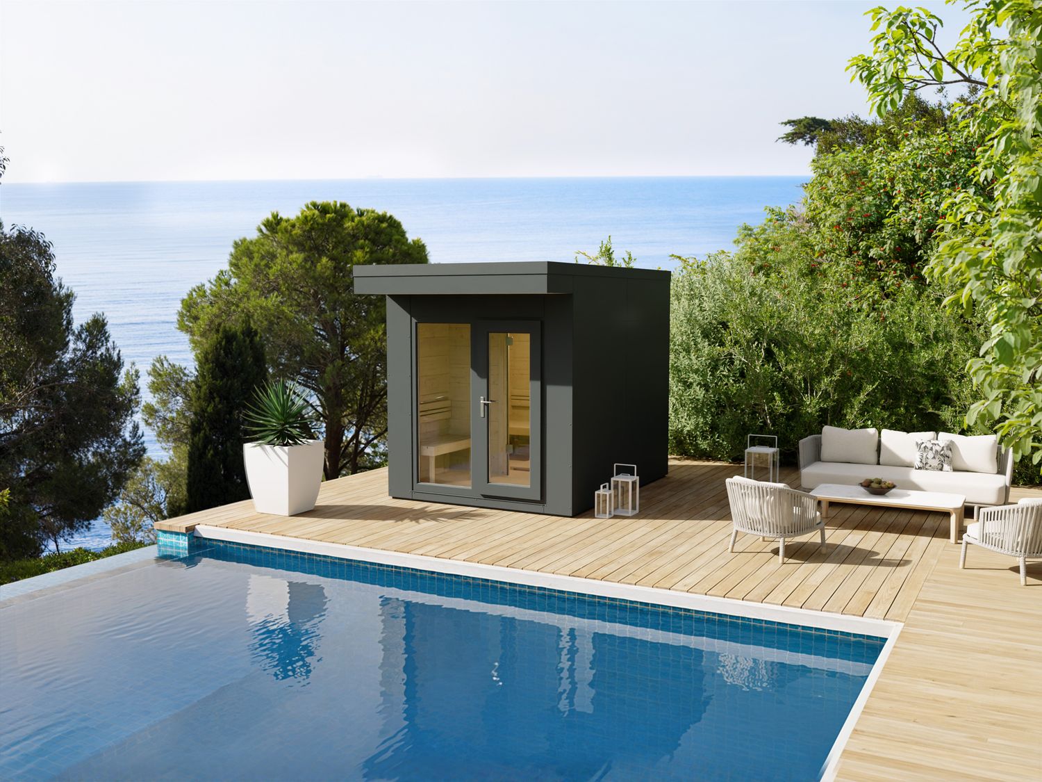 Kompakt, elegant, funktional: Die Heirloom Sauna 236×298 in Anthrazit überzeugt mit Panoramaglas, Vorraum und urbaner Ästhetik.