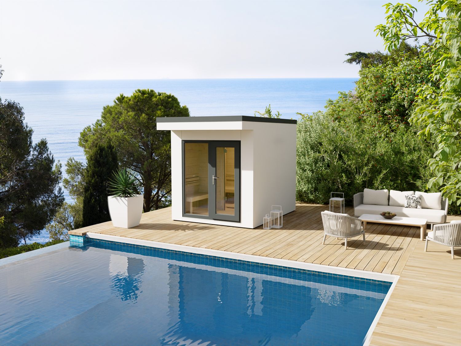 Die 236×298 Gartensauna in Weiß wirkt hell und einladend – ein moderner Rückzugsort mit Glasfront und Vorraum für entspannte Stunden.