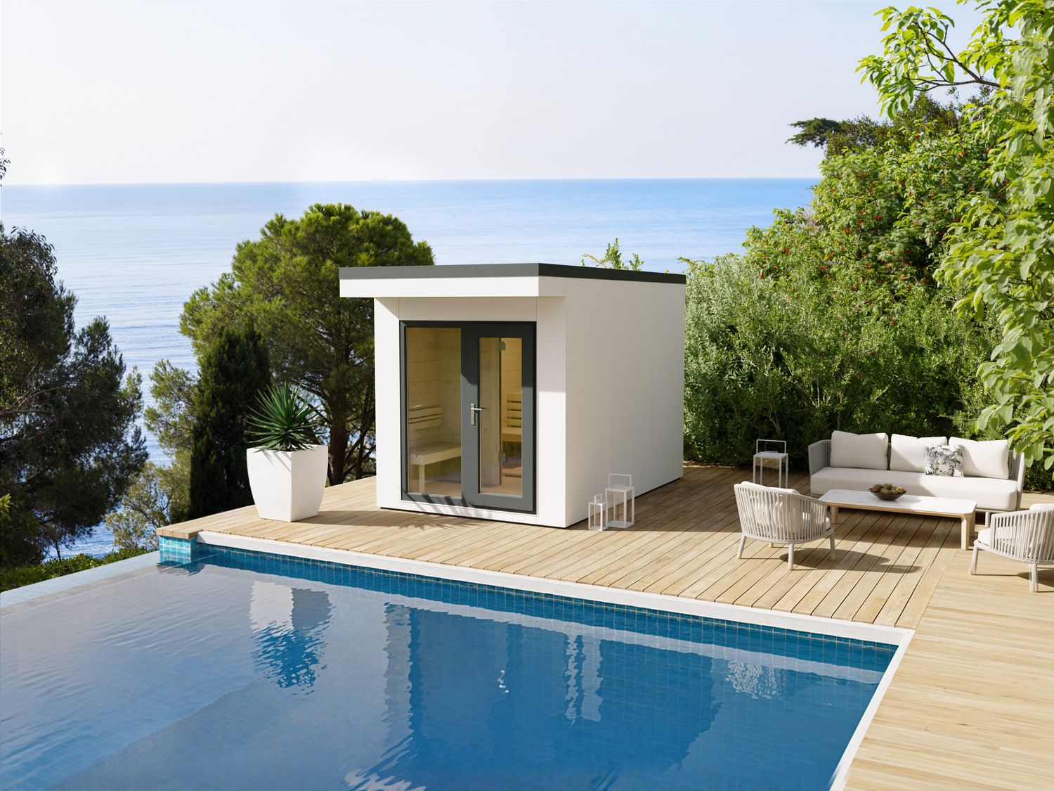 Weitläufig und lichtdurchflutet: Die Heirloom Sauna 236×358 in Weiß schafft mit Panoramascheibe und Vorraum ein Gefühl von Freiheit im eigenen Garten.