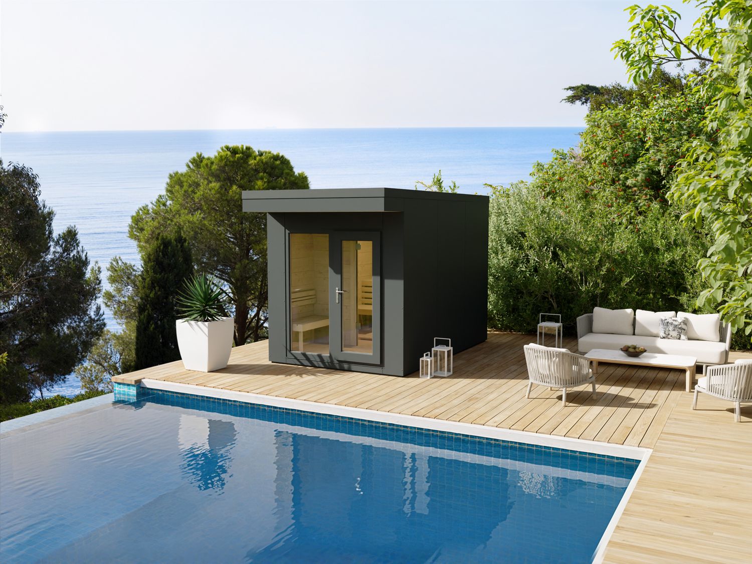 Markant, modern, großzügig: Das Saunahaus 236×358 in Anthrazit kombiniert klare Architektur mit wohnlicher Atmosphäre und großem Vorraum.