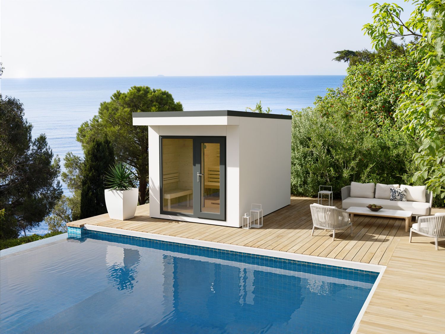 Licht, Luft und Luxus: Die große Heirloom Sauna 250×358 in Weiß mit Vorraum und Glasfassade bringt skandinavische Wellness auf dein Grundstück.