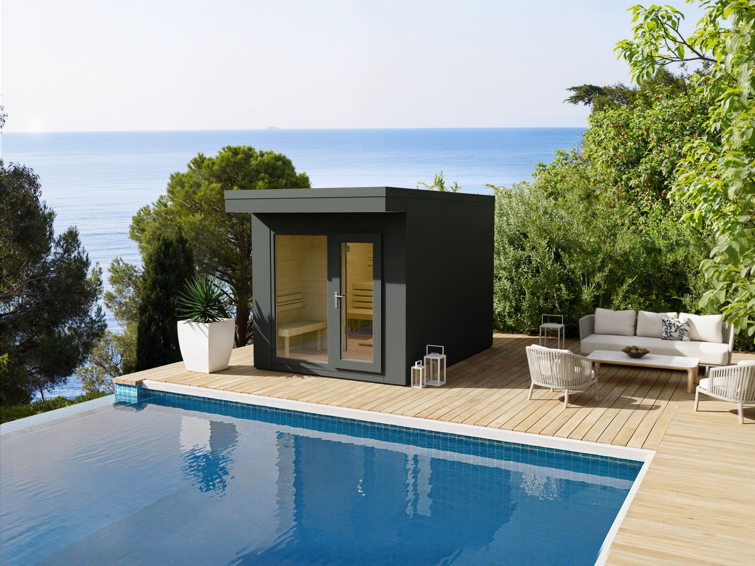 Ein Statement in Stil und Größe: Die Heirloom Sauna 250×358 in Anthrazit überzeugt mit edlem Design, Panorama und wohnlichem Vorraum.