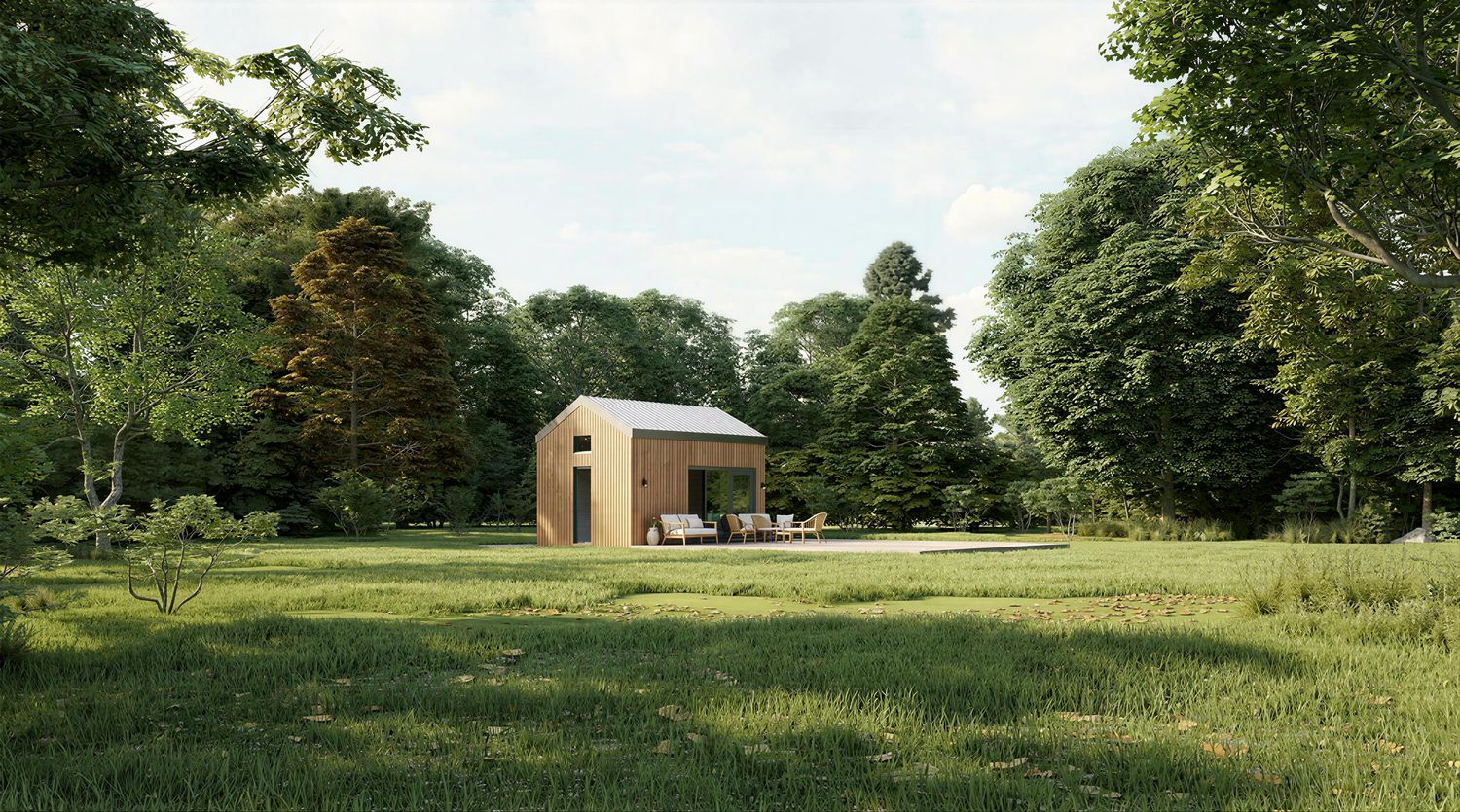 Tiny House aus Holz natur 1MISSION Plus – langlebiges Minihaus mit Rhombusfassade und bodentiefen Fenstern