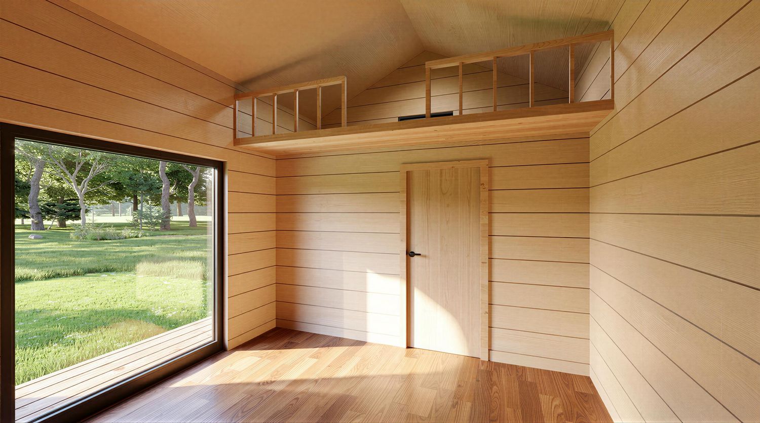 Innenansicht Tinyhaus 1MISSION Plus mit Schlafboden – nachhaltiges Minihaus aus Holz mit Galerie und moderner Raumlösung