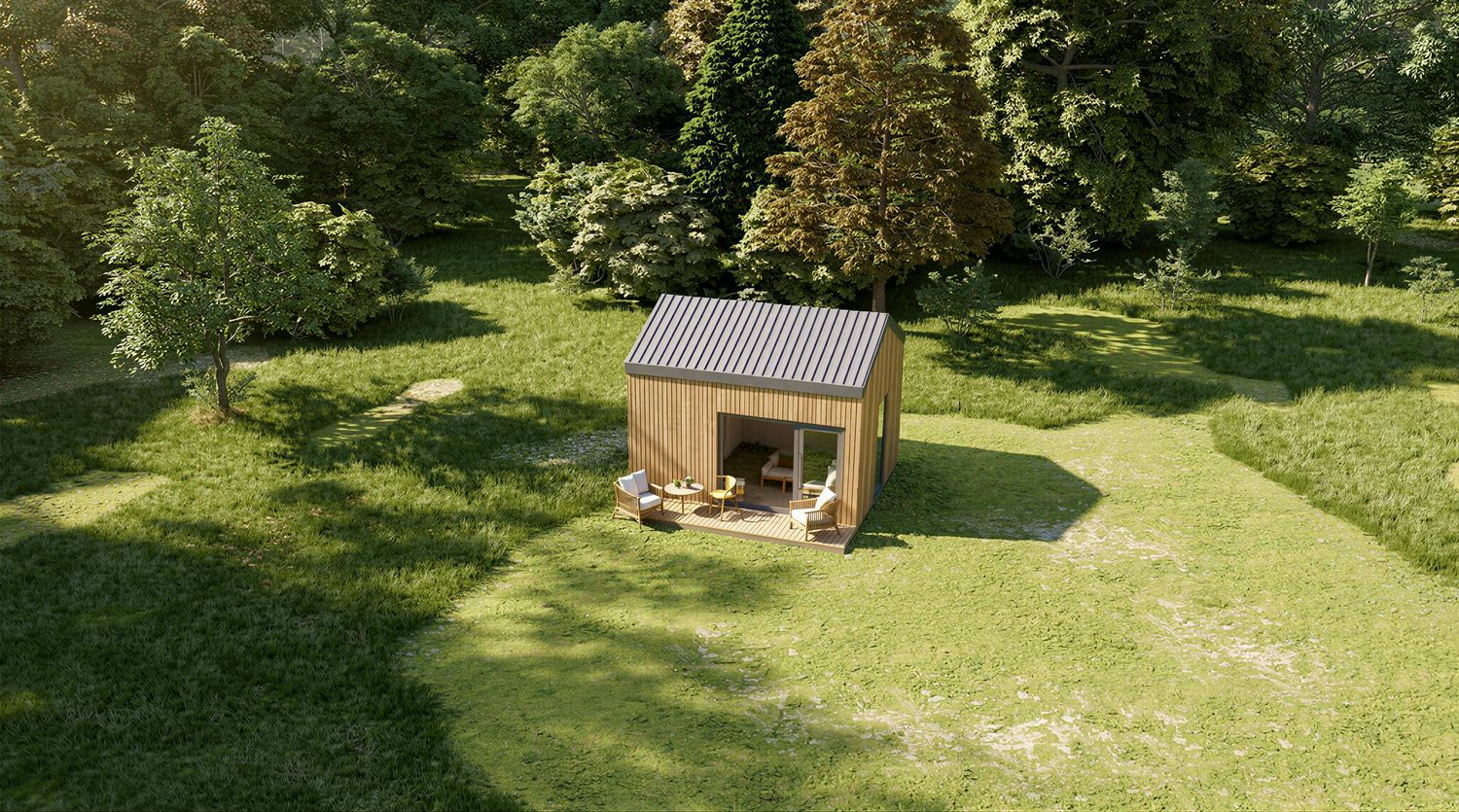 Minihaus aus Holz naturfarben 1MISSION Plus – ökologisches Tiny House mit großen Fenstern und natürlicher Optik