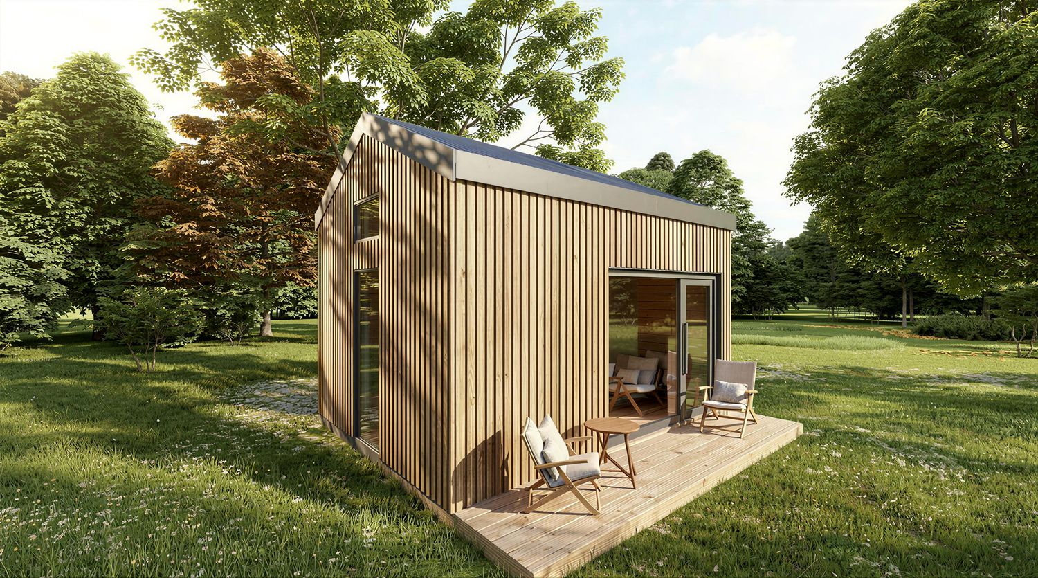 Tinyhaus aus Holz natur 1MISSION Plus – nachhaltiges Minihaus mit Rhombusverschalung und moderner Bauweise