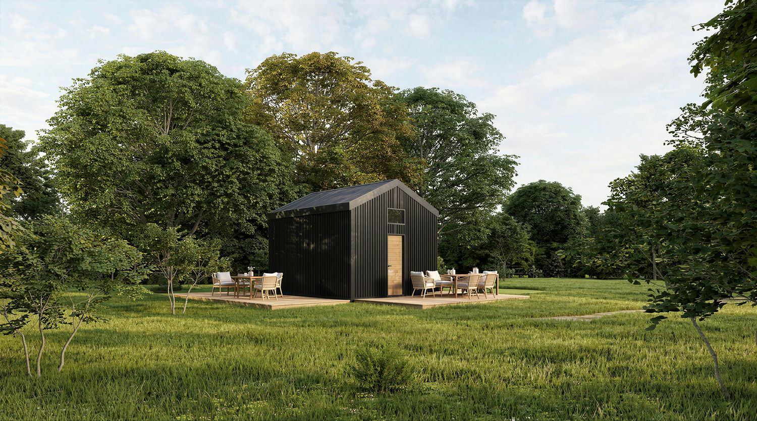 Schwarzes Minihaus aus Holz 1MISSION Plus – nachhaltiges Tinyhaus mit Rhombusfassade und großen Glasflächen