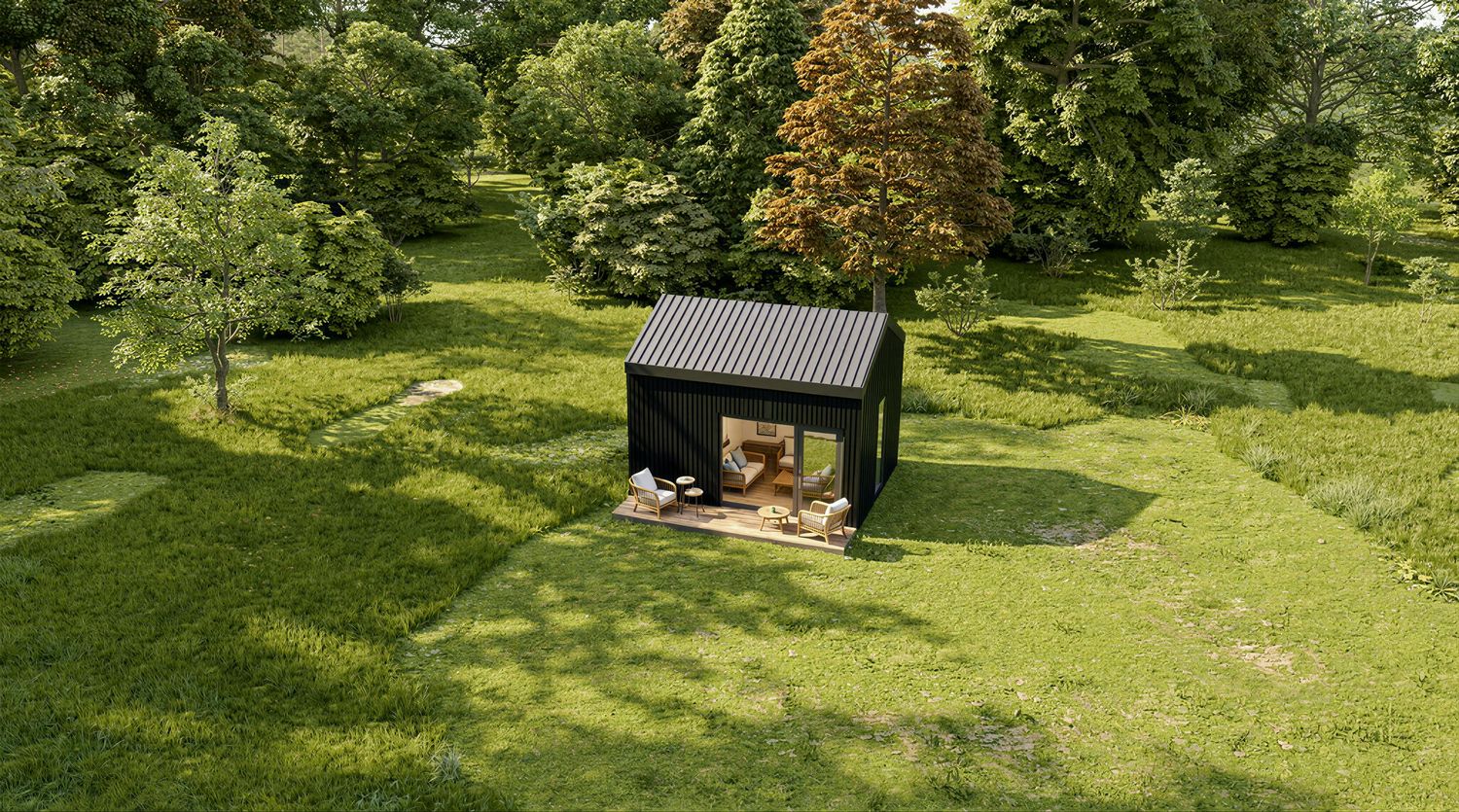 Tinyhaus 1MISSION Plus schwarz außen – modernes Tiny House aus Holz mit bodentiefen Fenstern und klarer Architektur