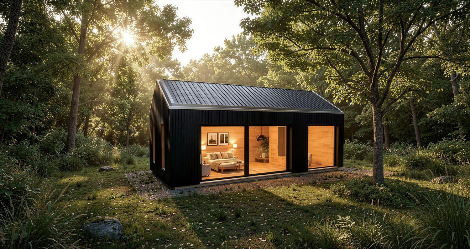 Tinyhaus 1MISSION Mega in schwarzer Holzfassade – modernes Minihaus aus Holz mit Schiebetür und bodentiefen Fenstern in exklu