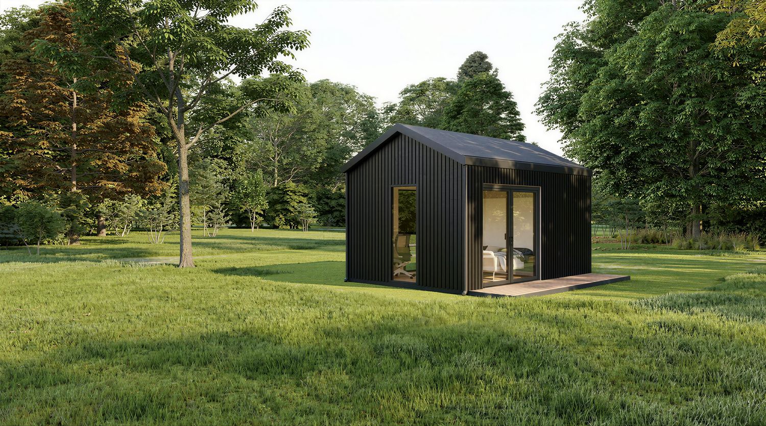 Schwarzes Minihaus aus Holz 1MISSION – nachhaltiges Tinyhaus mit Rhombusfassade und großen Glasflächen