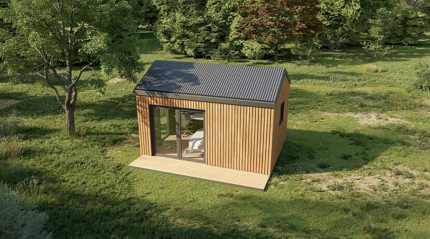 Tinyhaus 1MISSION natur außen – nachhaltiges Minihaus aus Holz mit Rhombusverschalung und natürlicher Optik
