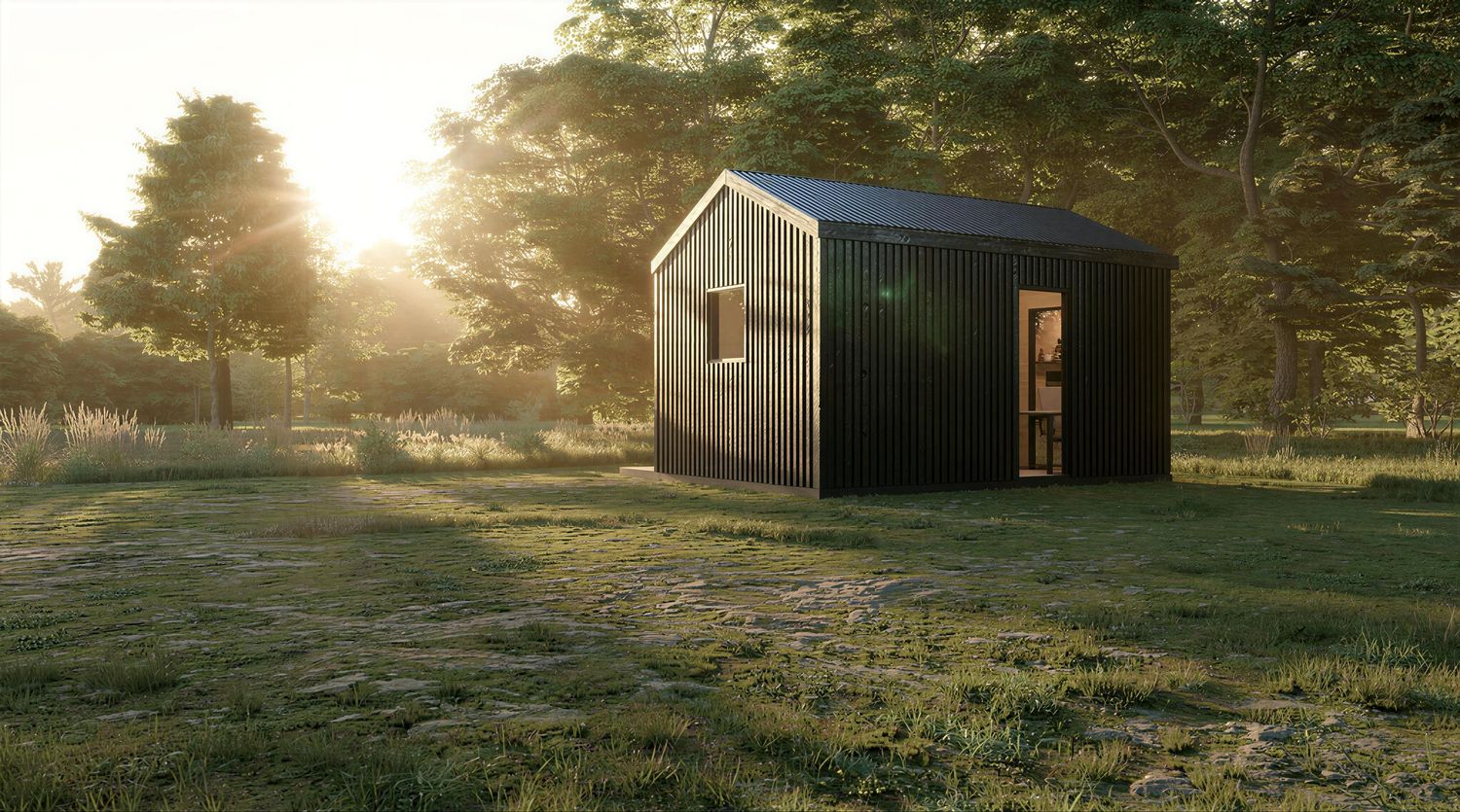 Tinyhaus 1MISSION schwarz außen – modernes Tiny House aus Holz mit bodentiefen Fenstern und minimalistischer Architektur