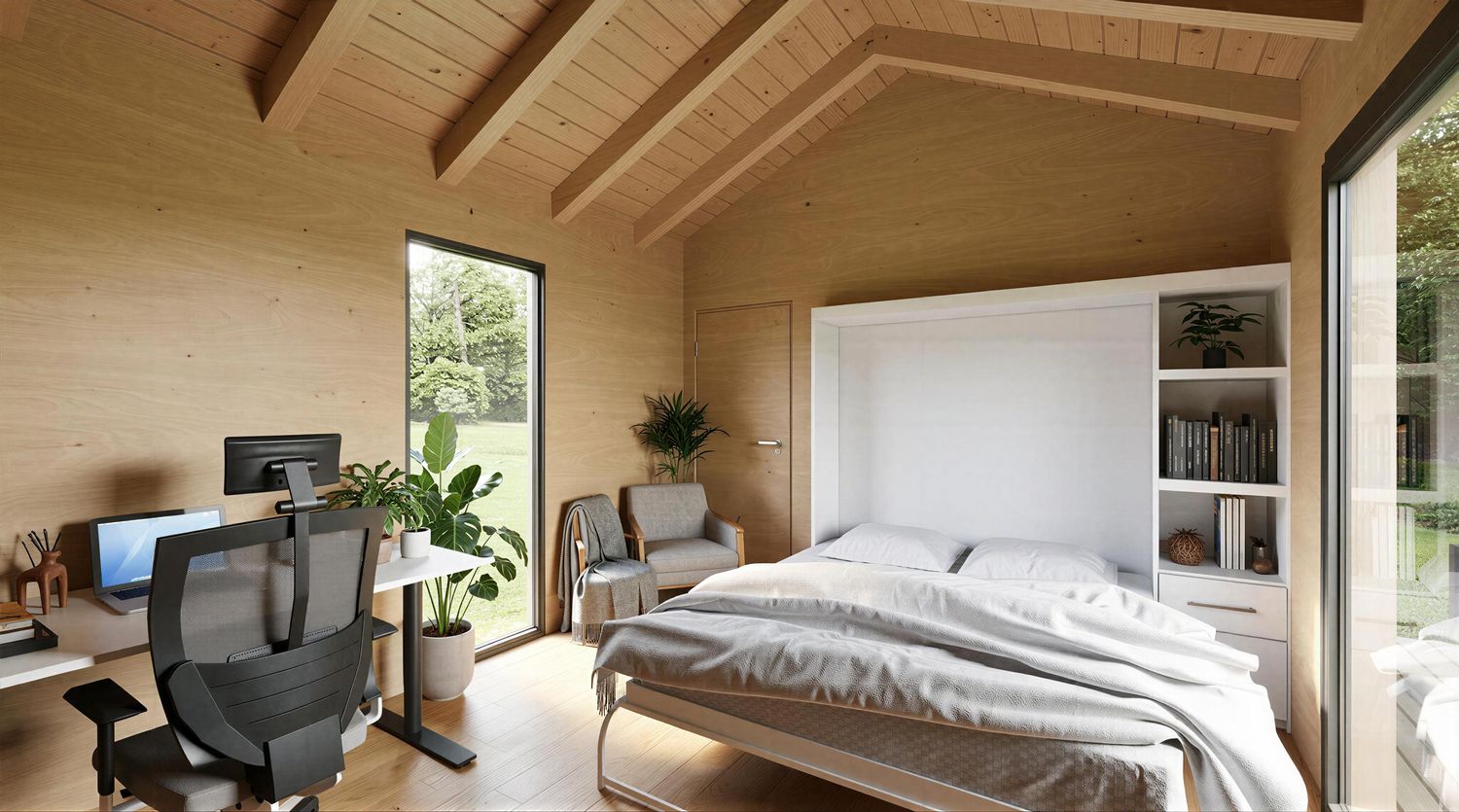 Tinyhaus 1MISSION innen mit ausgeklapptem Schrankbett – komfortables Tiny House aus Holz mit funktionaler Schlaflösung