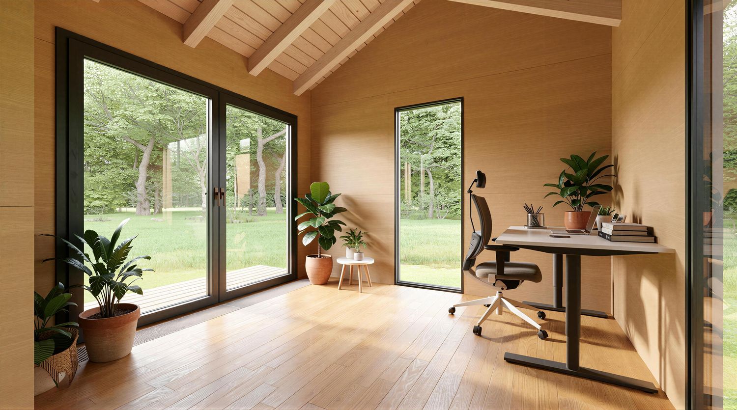 Innenraum Tinyhaus 1MISSION mit Ausblick – modernes Minihaus aus Holz mit großen Fenstern und naturnahem Wohngefühl