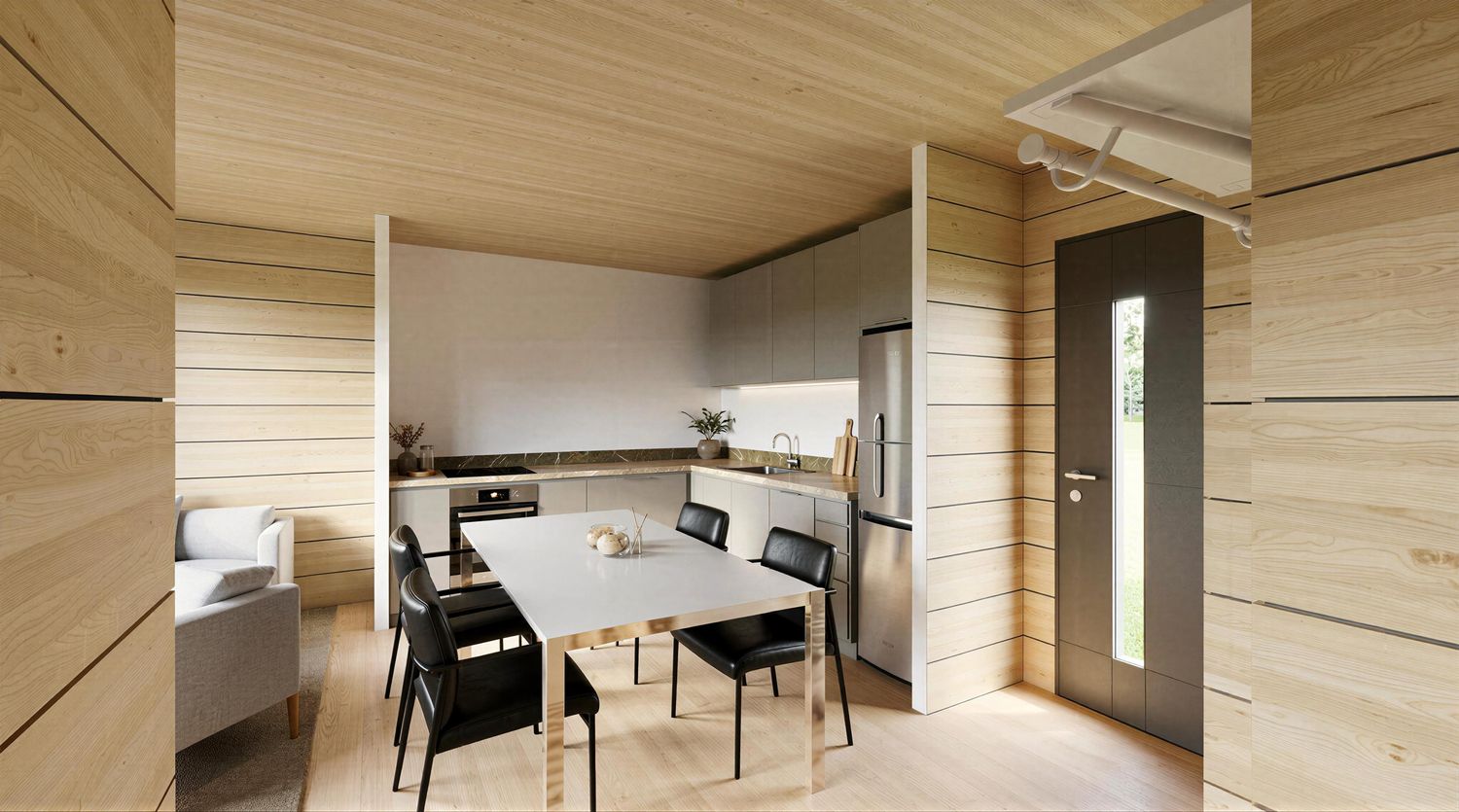 Innenraum Tinyhaus Model M – offenes Wohnkonzept mit Küche, Wohnen und Schlafen in einem nachhaltigen Tiny House