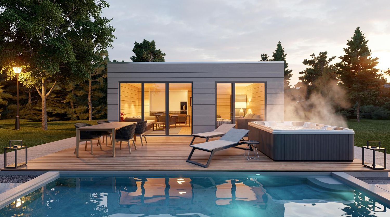 Tinyhaus Model M außen – modernes Minihaus aus Holz mit Flachdach und großen Fenstern als Eigenheim im Garten