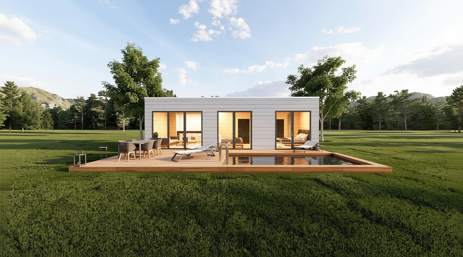 Tinyhaus Model L 74m² außen – großes Minihaus aus Holz mit Flachdach und Garten als Eigenheim