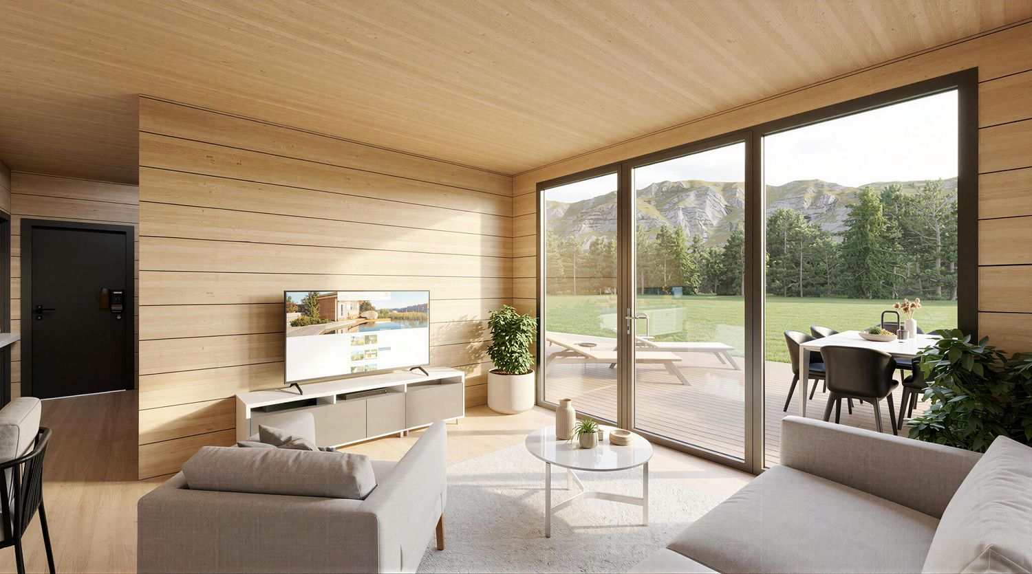 Wohnzimmer im Tinyhaus Model L – großzügiger Wohnbereich mit großen Fenstern und modernem Design