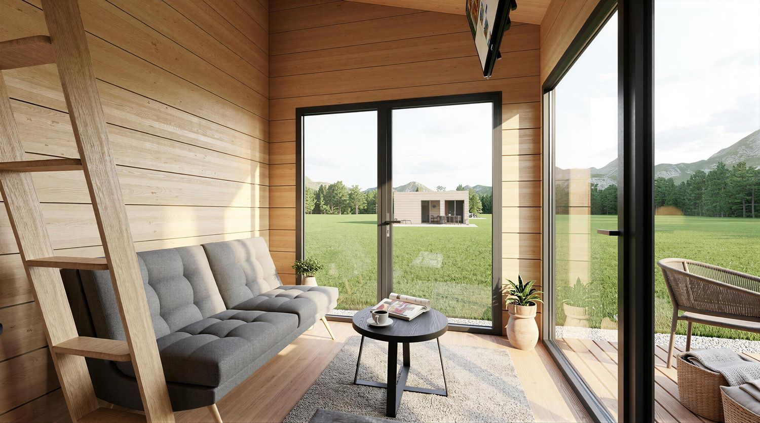 Wohnbereich im Tinyhaus XS – kleines Minihaus aus Holz mit hellen Räumen und bodentiefen Fenstern