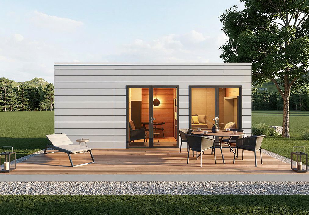 Tinyhaus Model S 25m² Flachdach außen – modernes Minihaus aus Holz mit klarer Architektur und bodentiefen Fenstern