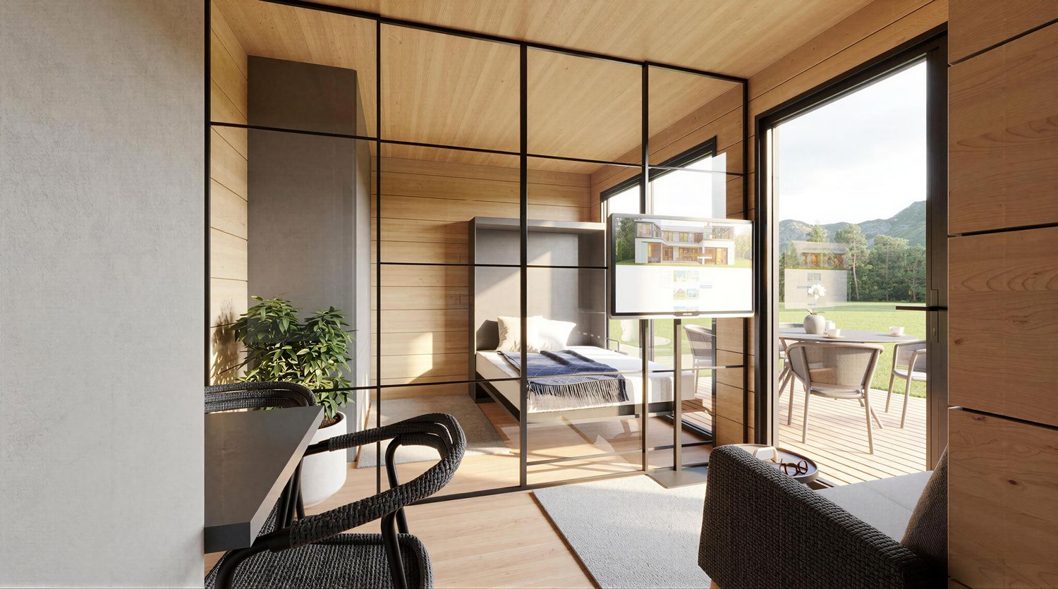 Schlafbereich mit Schrankbett im Tinyhaus Model S – platzsparendes Minihaus für Studenten oder Gästehaus