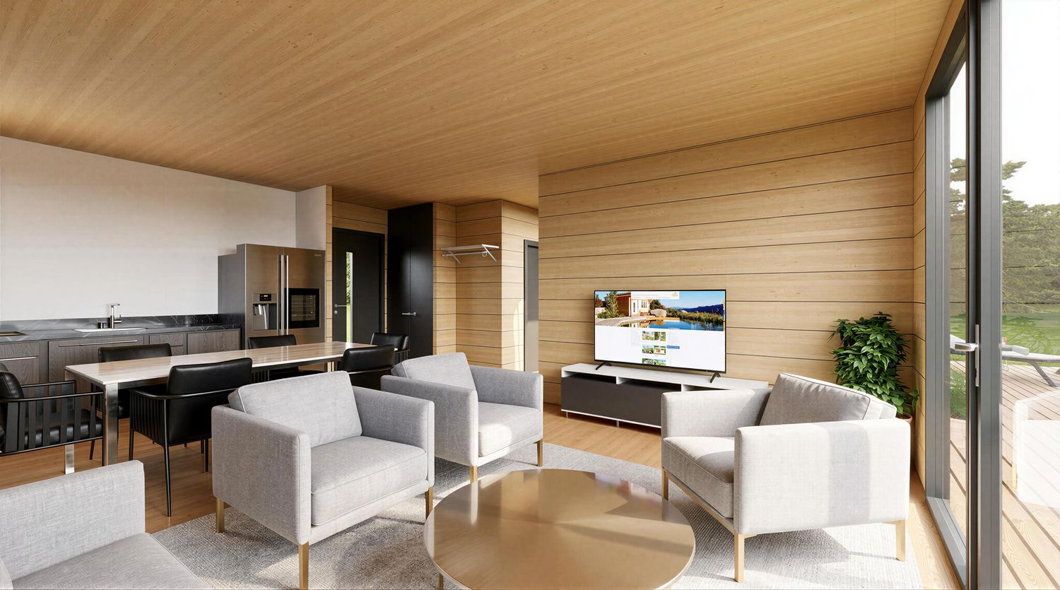 Wohnzimmer im Tinyhaus Model XL – großzügiger Wohnbereich mit viel Tageslicht und modernen Fenstern