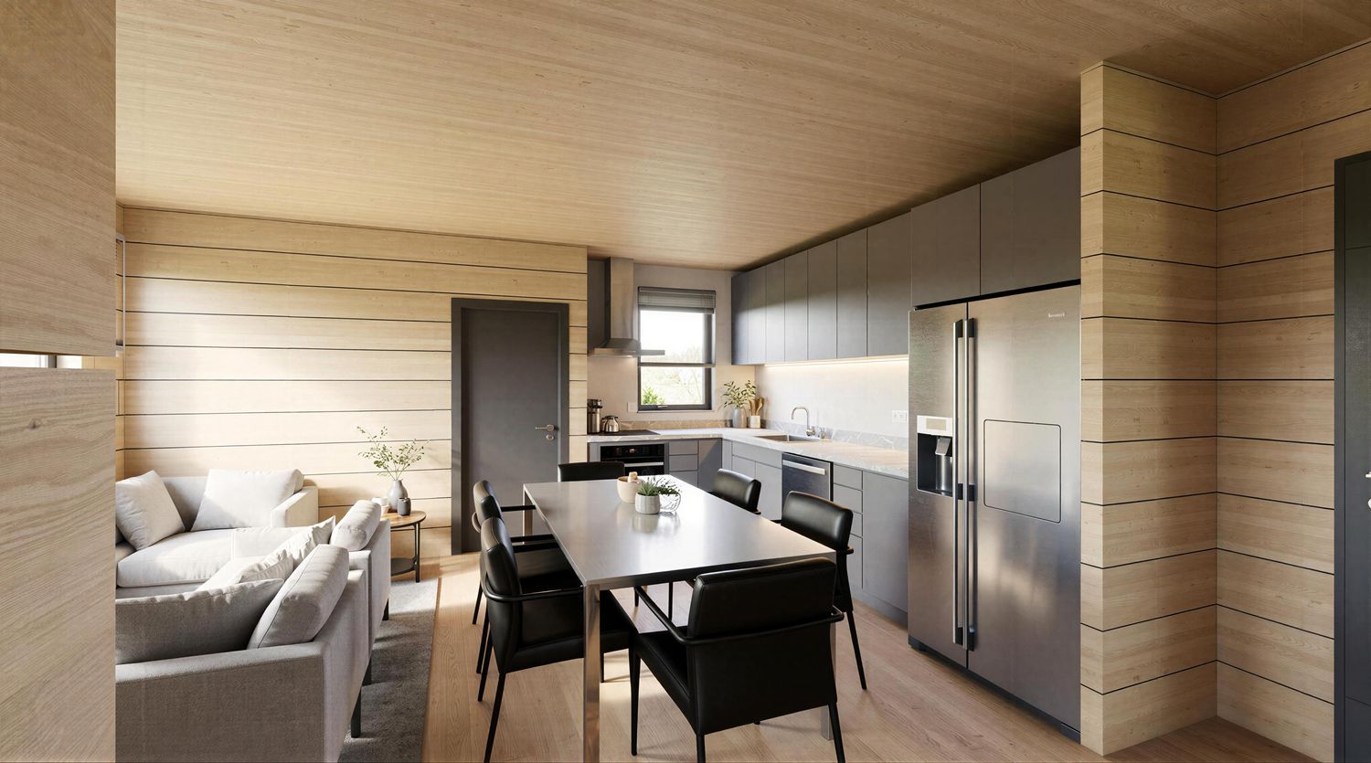 Küche im Tinyhaus Model XL – große Wohnküche im Minihaus aus Holz mit offenem Grundriss