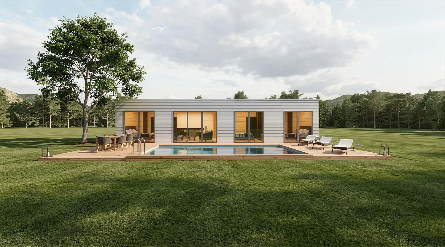 Tinyhaus Model XL 100m² außen – großes Minihaus aus Holz mit Flachdach und Garten für Familien