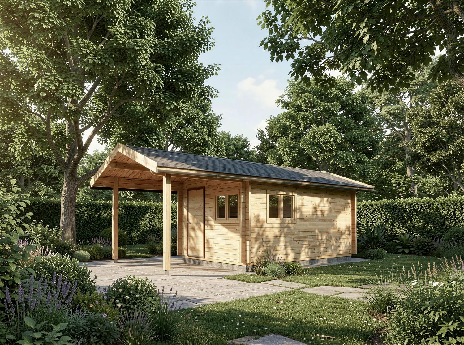 Kleingartenhaus 473x323 Satteldach außen – Gartenlaube aus Holz für Schrebergarten München nach Kleingartenordnung