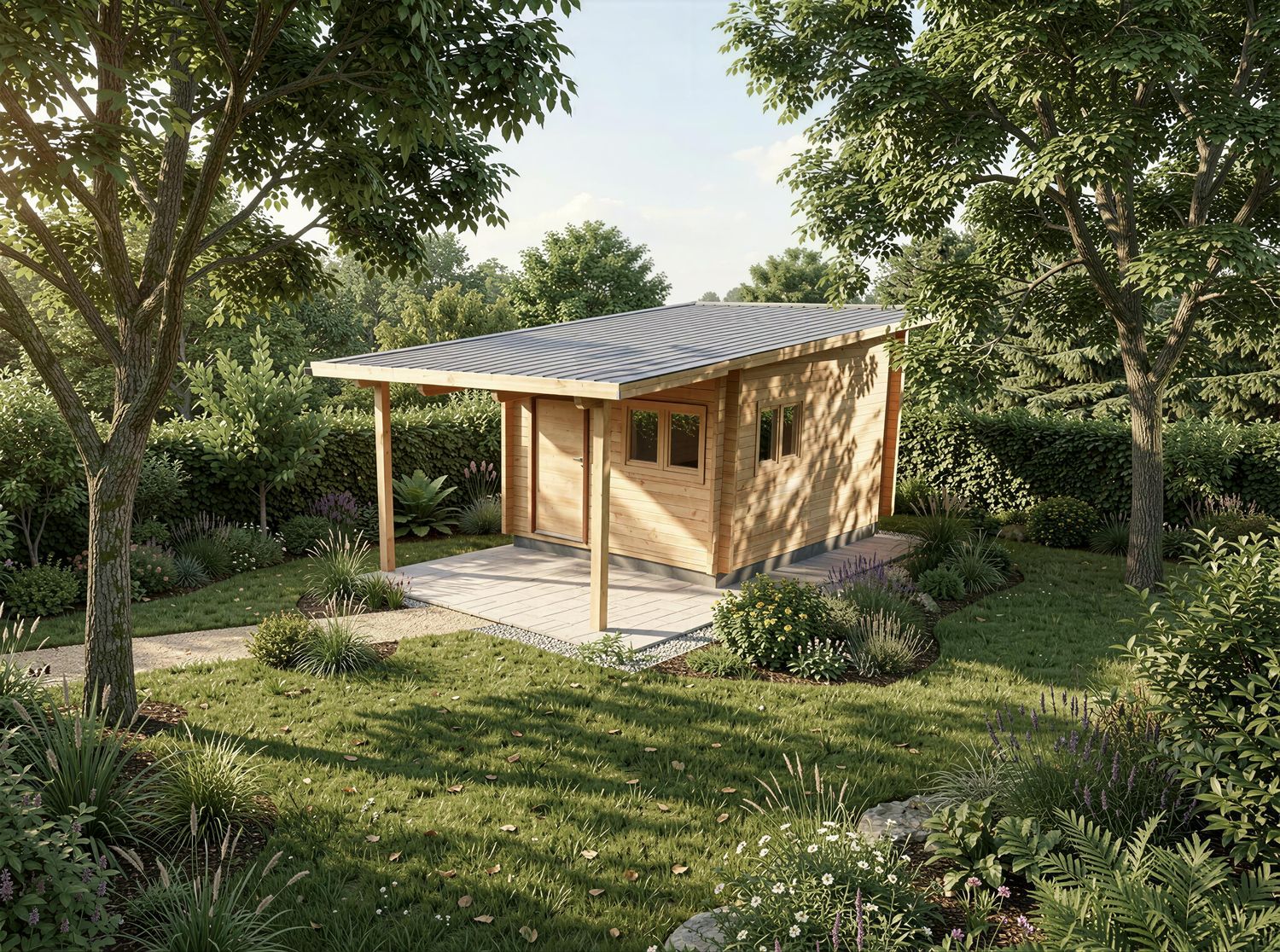 Schrebergartenhaus aus Holz außen – modernes Gartenhaus für Kleingarten in München mit Pultdach und Blockbohlenbauweise