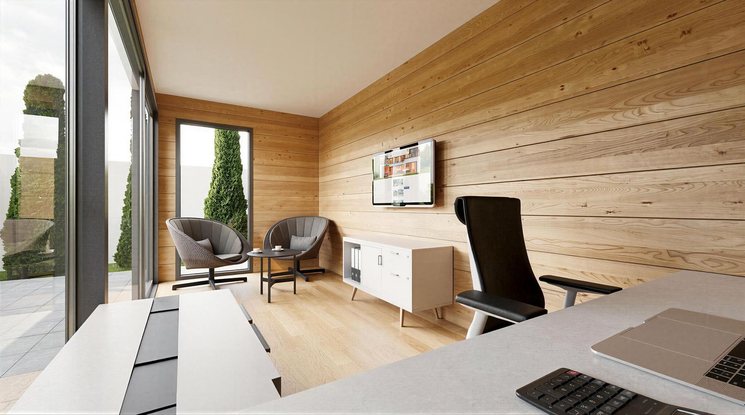 Mobiles Büro Innenansicht – hochwertiges Modulhaus aus Holz mit Vinylboden und großzügiger Verglasung