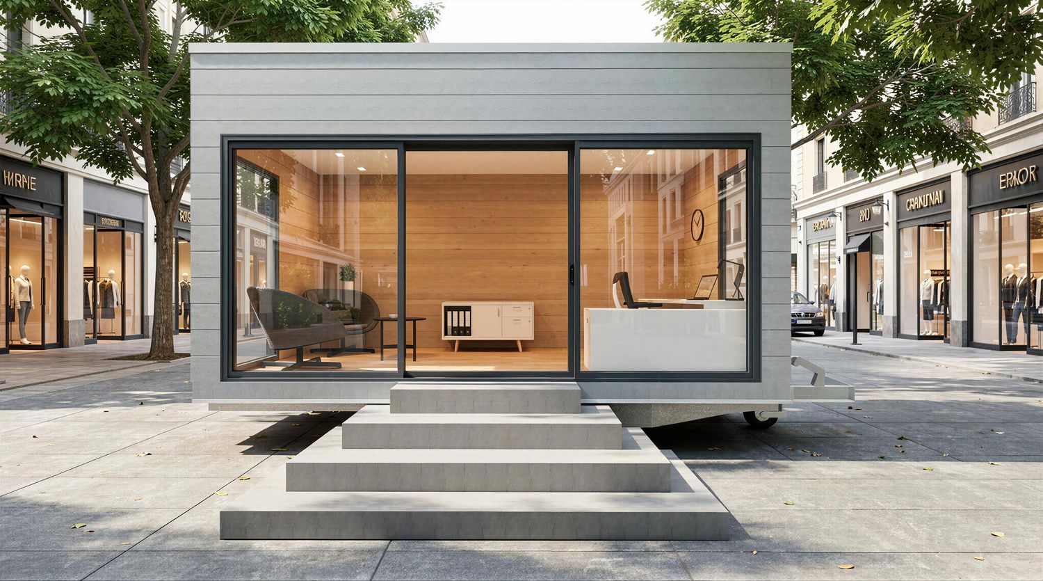 Modulhaus Büro außen – mobiles Büro im Garten aus Massivholz mit bodentiefen Fenstern und Flachdach