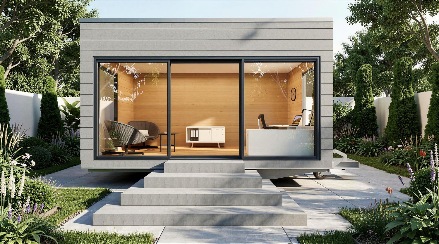 Modulhaus Büro außen – mobiles Büro im Garten aus Massivholz mit bodentiefen Fenstern und Flachdach