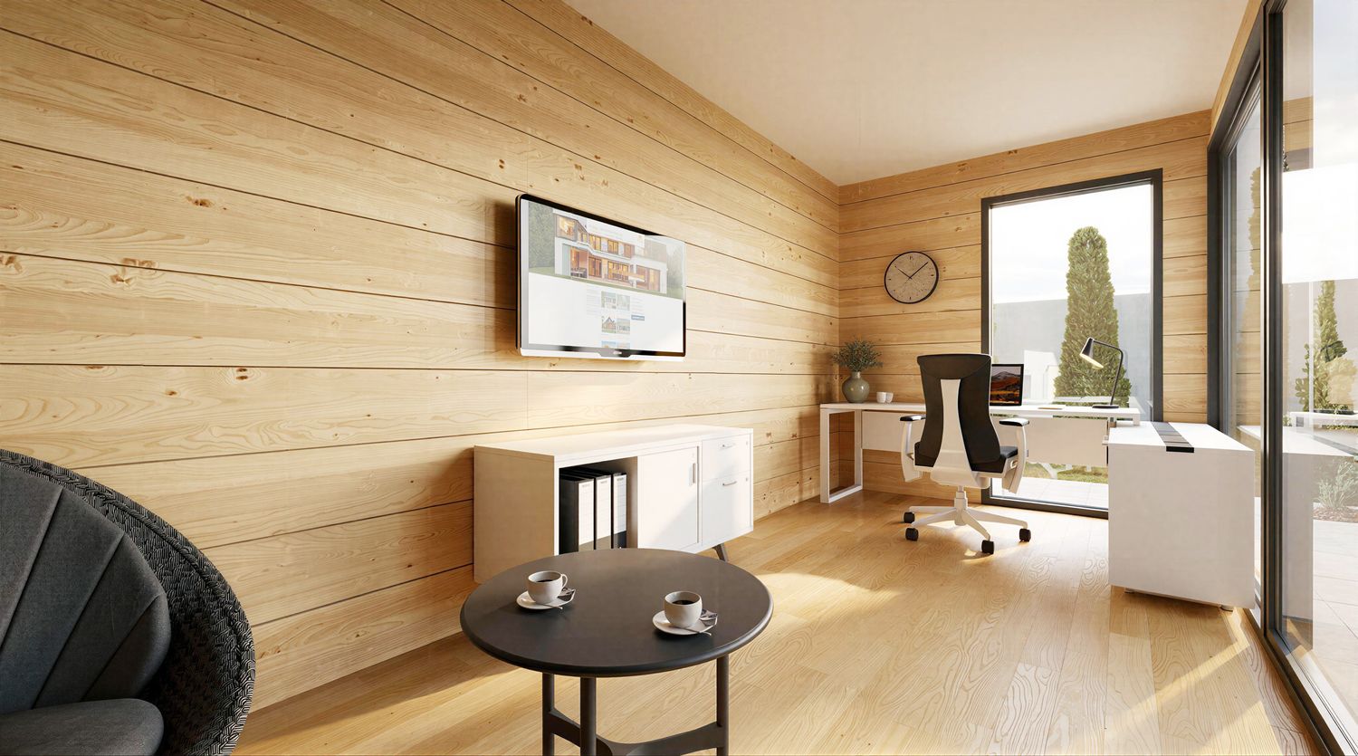 Innenraum Modulhaus Home Office – modernes Büro mit großer Glasfront und heller Arbeitsatmosphäre