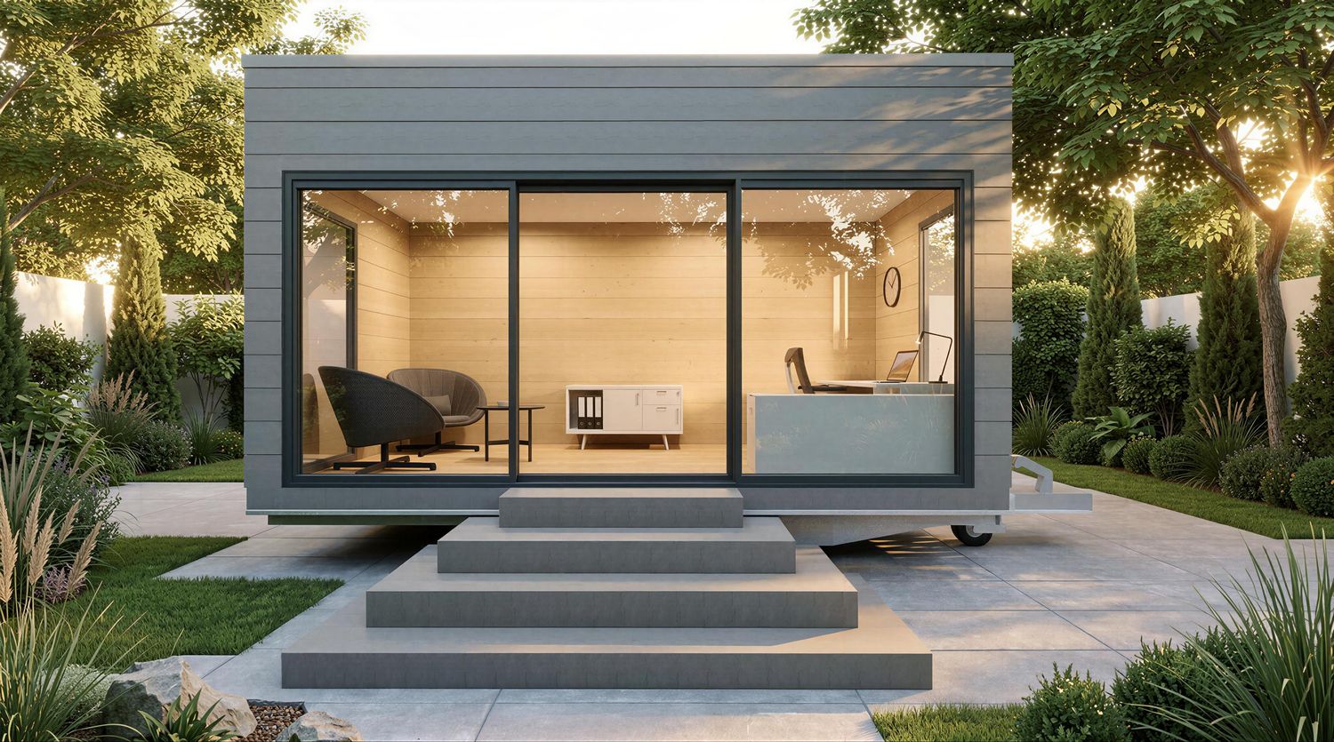 Mobiles Home Office Modulhaus außen – modernes Gartenbüro auf Trailer aus Holz mit großen Glasflächen