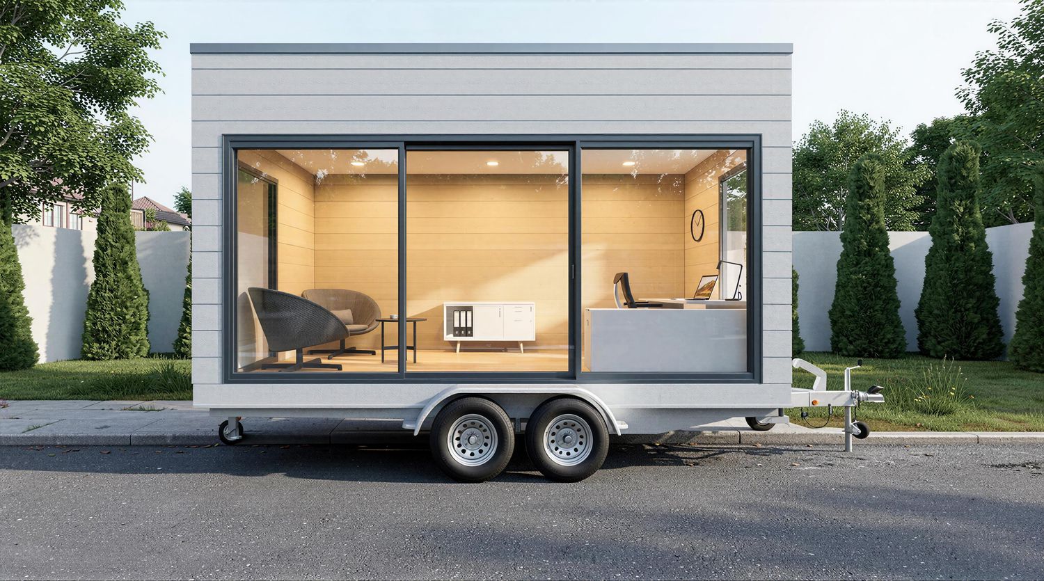 Mobiles Modulhaus Home Office außen – hochwertiges Gartenbüro aus Holz auf Trailer mit moderner Architektur und großen Glasfl