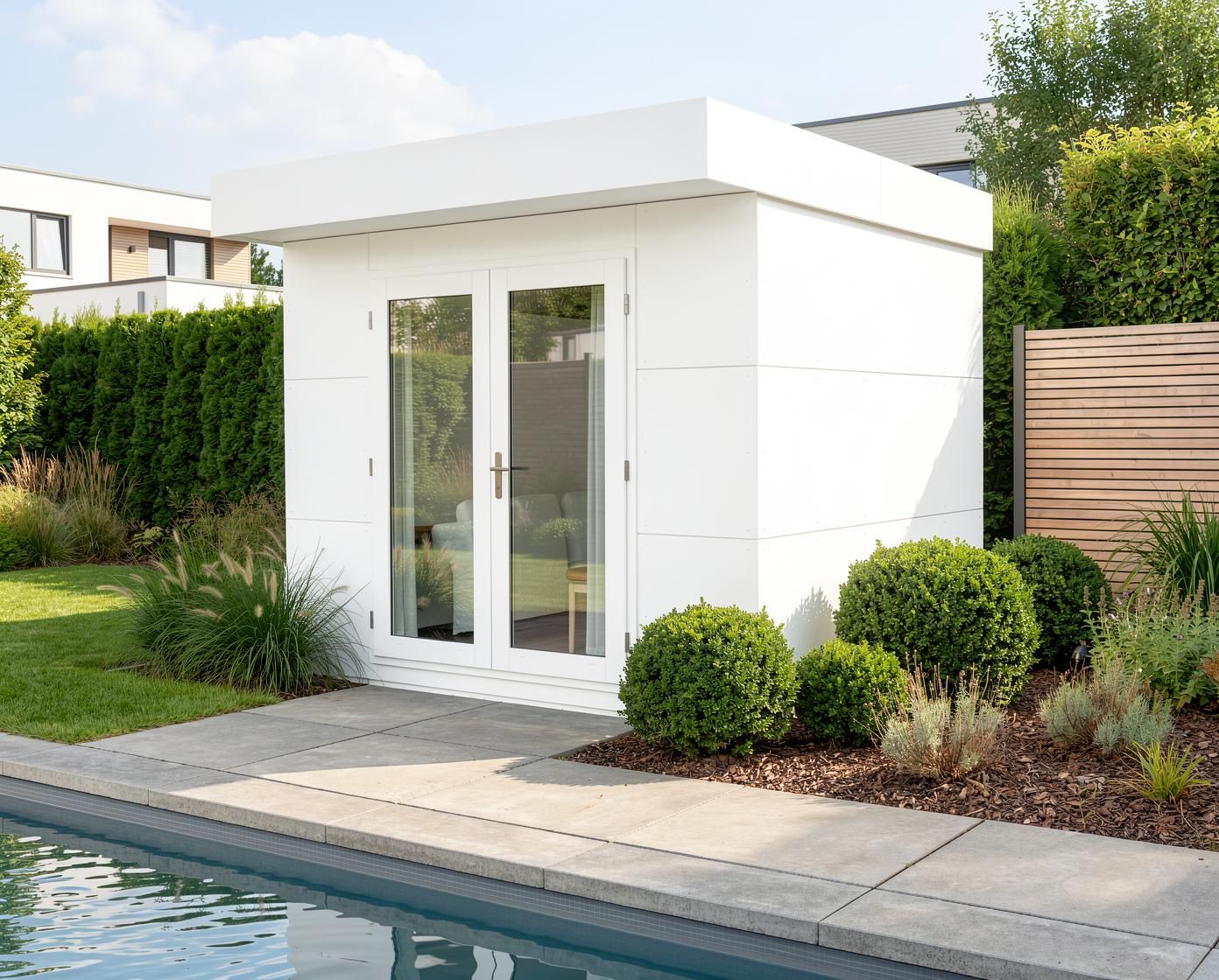 Modernes GeräteBLOOX Cube White Edition mit großzügigen Glastüren und weißer HPL-Fassade als exklusives Design-Gerätehaus im 