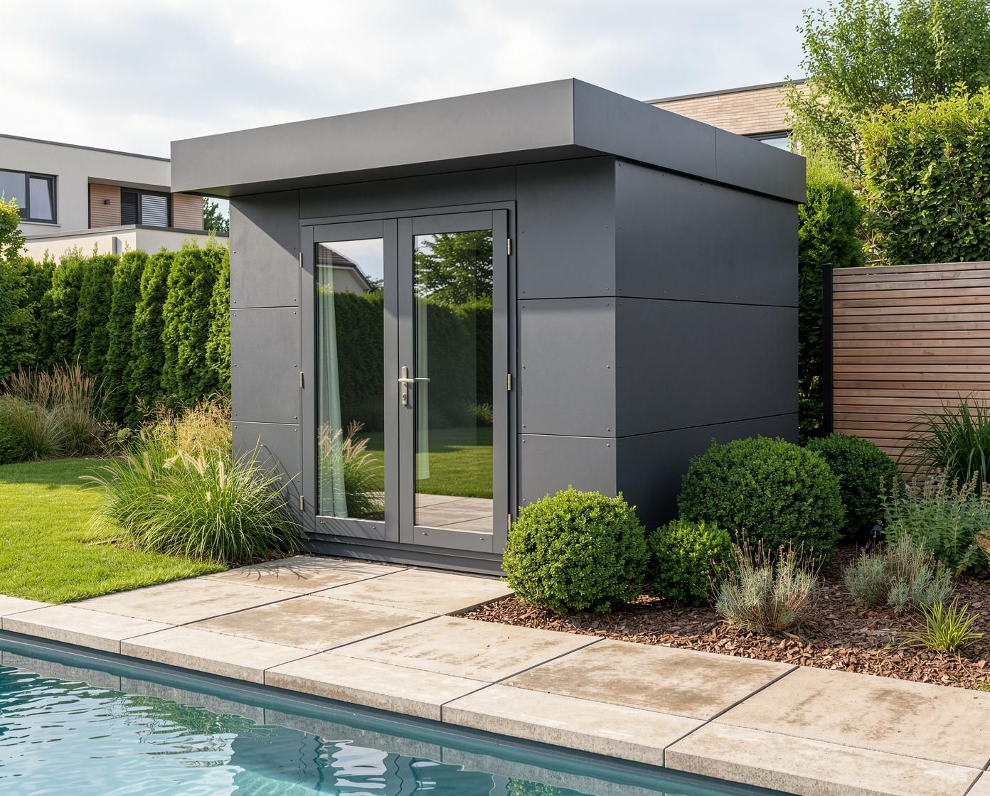 

Modernes Design-Gerätehaus GeräteBLOOX Cube mit anthrazitfarbener HPL-Fassade neben exklusivem Poolbereich in hochwertiger 