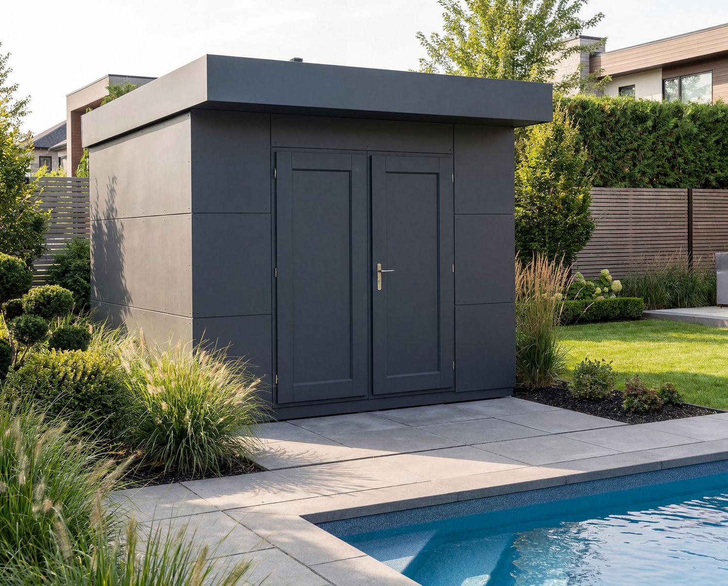 Premium Pooltechnikhaus im Cube-Stil mit Flachdach und anthrazitfarbener HPL-Fassade in moderner Architektur-Gartenlandschaft