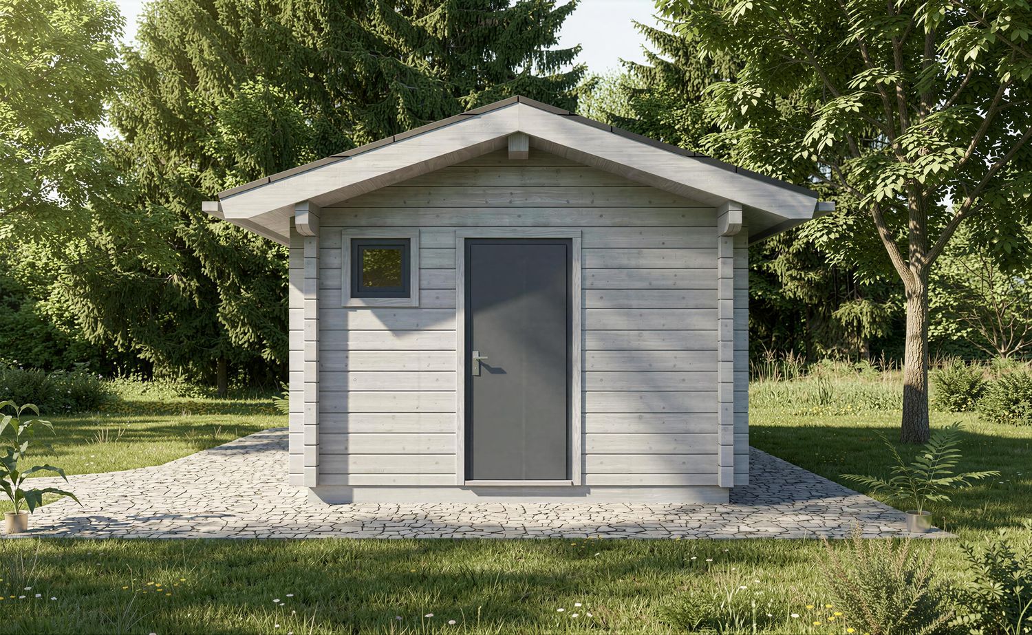 Seitenansicht der Glamping Cabin aus massiven 80 mm Balken mit nachhaltiger Holzbauweise