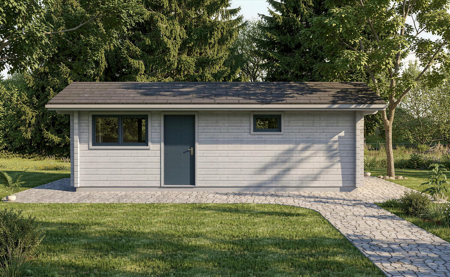 Modernes Camping Tinyhaus 8x3,5 als Glamping Lodge mit großer Fensterfront und Bitumenschindeldach