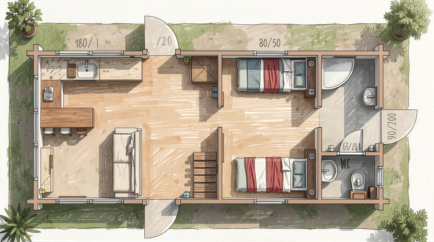 Grundriss der Camping Lodge 8x3,5 mit Wohnbereich, Küche, Essplatz, Bad und zwei Schlafplätzen