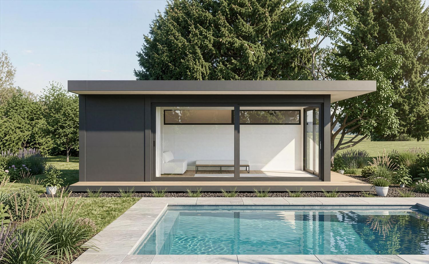 Ultralounge L 7,5x4 als modernes Luxury Tinyhouse mit großen Glasflächen und Flachdach