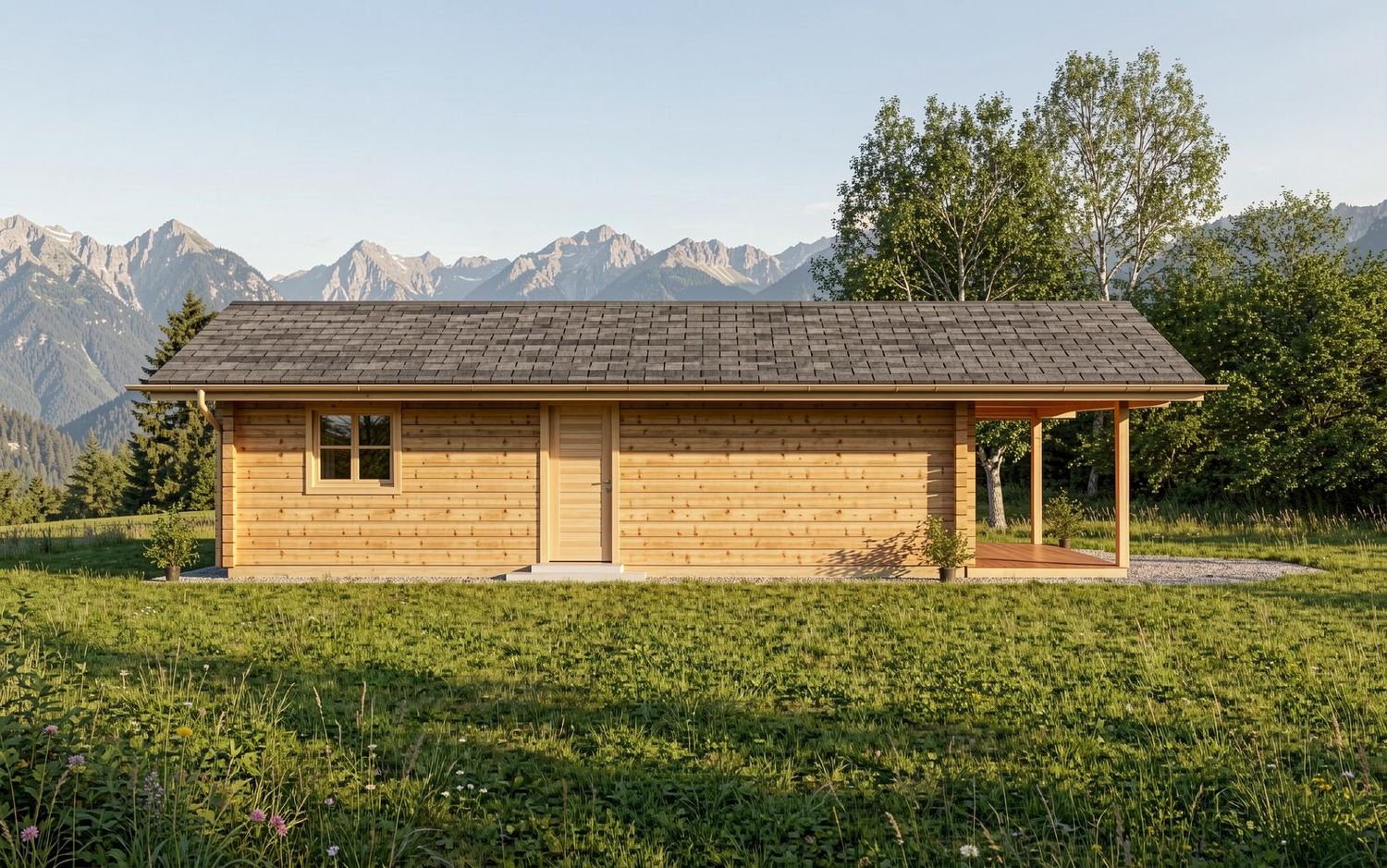 Seitenansicht der Aspen Lodge XL Luxury Chalet mit massiver 80 mm Blockwand und nachhaltiger Holzbauweise